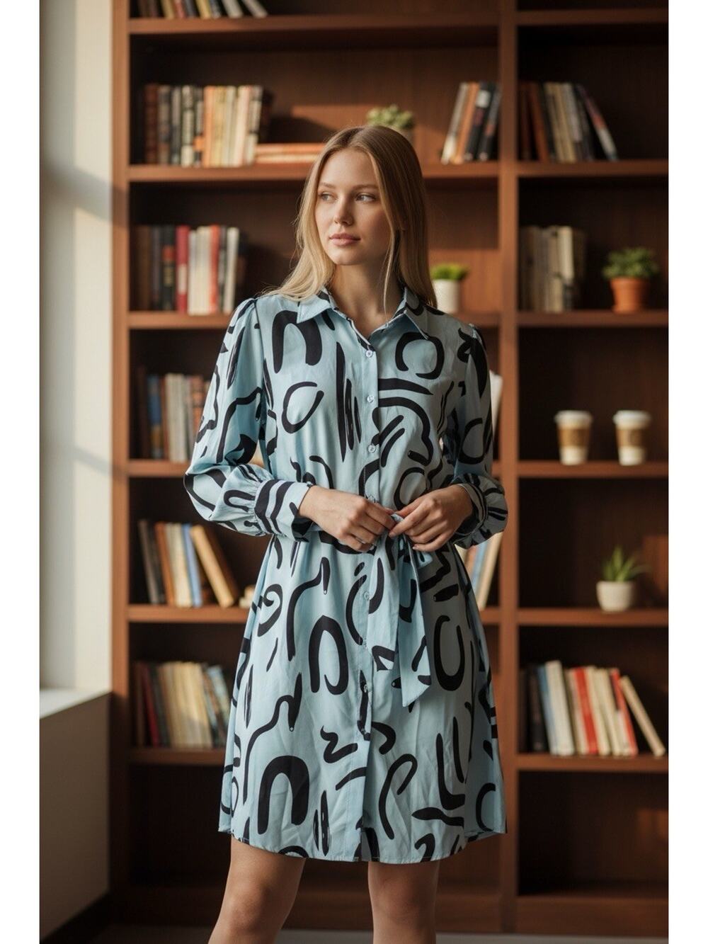 Womens Medium Blue Abstract Print Shirt Dress Button Front Tie Waist Long Sleeve